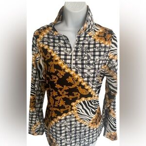 Famazee UPF50 Quarter Zip Top - L black gold white.  Nylon spandex